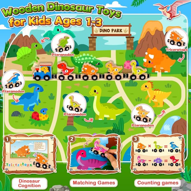 Detalle de Toddler Wooden Magnetic Dinosaur Train Set (11 cars) for ages 1–3