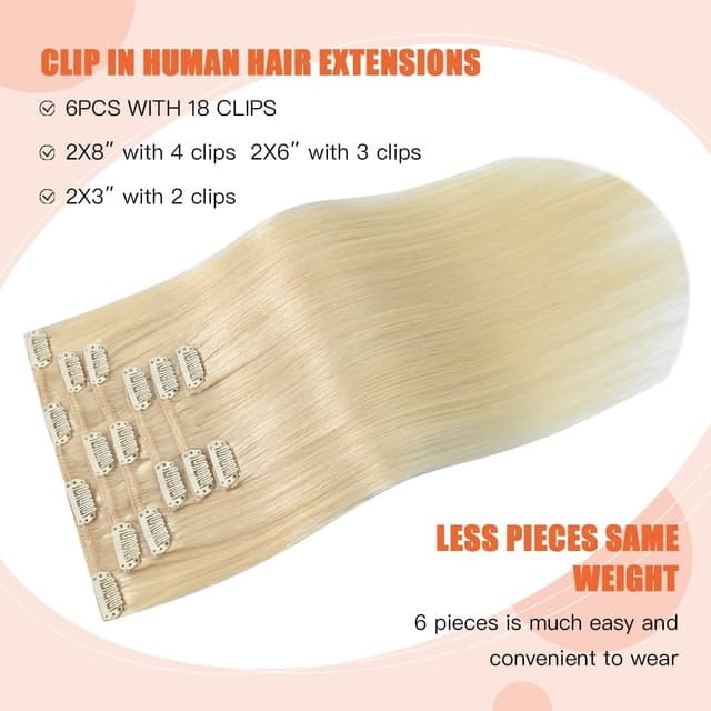 Detalle de UGOTRAYS Platinum Blonde Clip-In Hair Extensions (22 Inch, 7pcs, 115g) Real Human Hair Straight #60