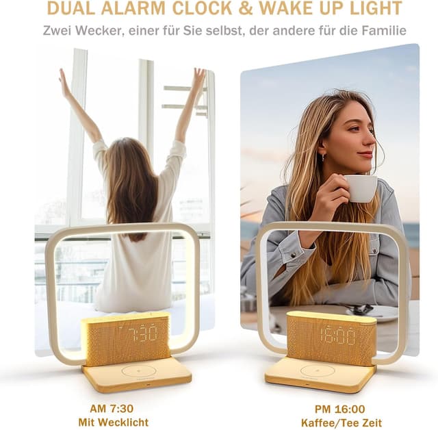 Detalle de blonbar Wake-Up-Licht & Tischlampe mit Touch-Dimmung, Snooze und Qi-Ladefunktion (10-W Wireless Charger)