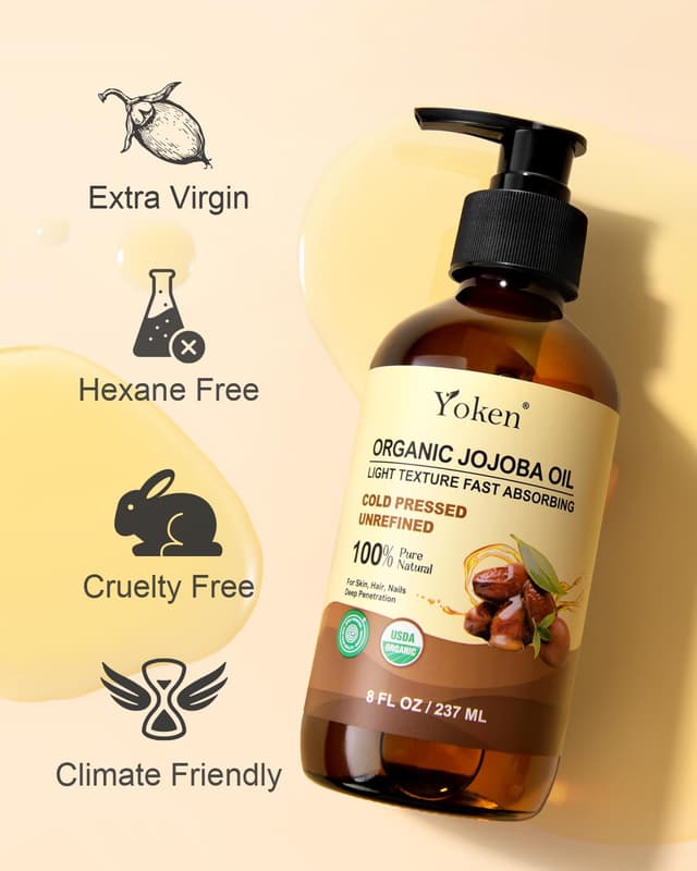 Detalle de Yoken Organic Jojoba Oil (8 fl oz) — USDA Certified 100% Pure, Cold-Pressed Unrefined Jojoba Oil in Glass Bottle