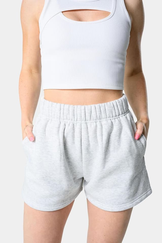 Detalle de Kamo Fitness CozyTec Sweat Shorts for Women — High Waisted Lounge Cotton Shorts with Pockets