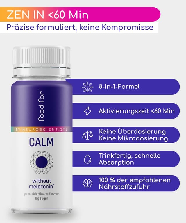 Detalle 2 de FOODFOR CALM GABA Shot 60 ml (Baldrian, Ashwagandha, Zitronenmelisse, Hopfen) – zuckerfrei & vegan, Schweizer 6-Pack