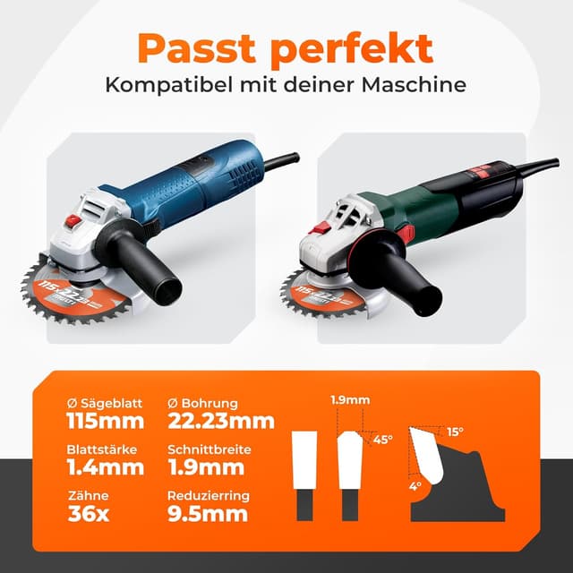 Detalle de BAUBECK Flex Holzscheibe 115 mm (36 Zähne, 1,9 mm) – Sägeblatt für Winkelschleifer 115