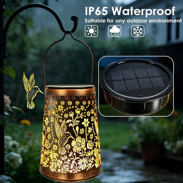 Detalle de Solar Lanterns for Outside – Vintage Hummingbird 2 Pack (IP65, warm shadows) for patio and garden décor