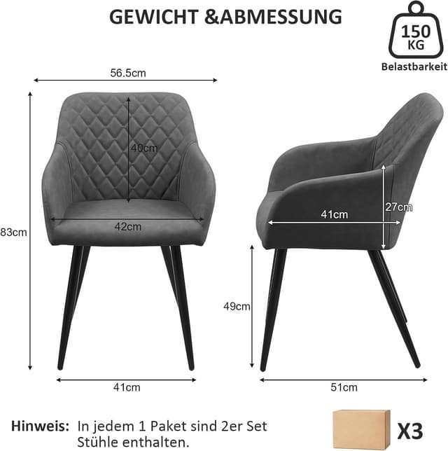 Detalle de CLIPOP Esszimmerstühle 6er-Set mit Armlehne, Kunstlederbezug (Felsgrau) und Metallbeinen