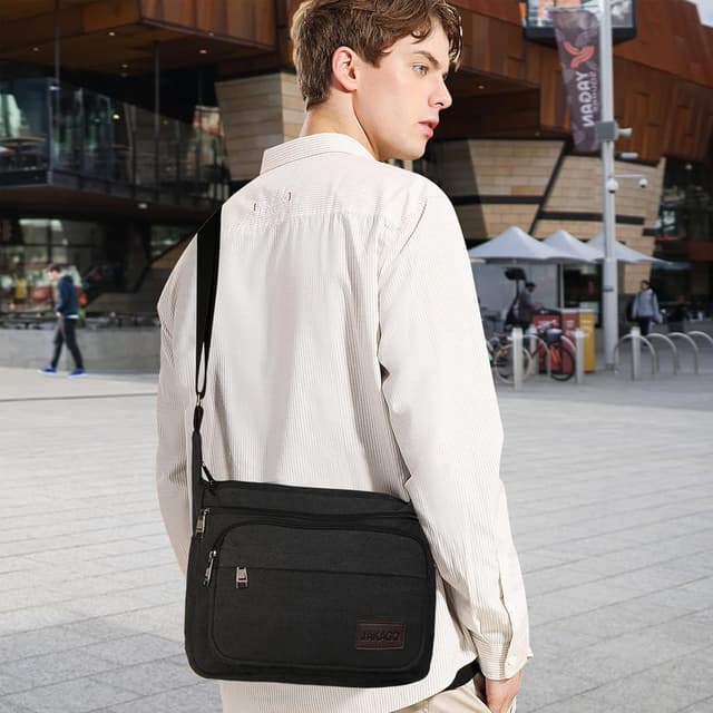 Detalle de JAKAGO Canvas Messenger Bag 15 inch – waterproof shoulder bag with multiple pockets for work, travel and outdoors