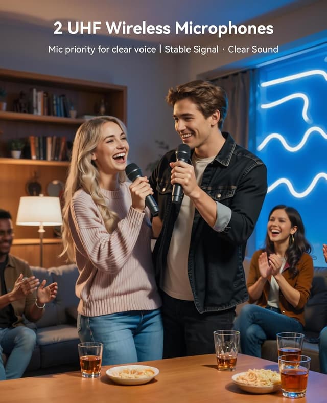 Detalle de GKD61 Karaoke Machine for Adults with 2 Wireless UHF Microphones, 400W Peak Portable Bluetooth Party Speaker