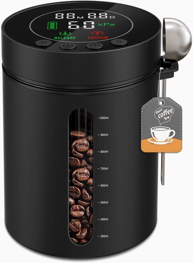 Detalle de Automatic Vacuum Coffee Canister (1.3L) with Smart Pressure Sensor, LED Window & Rechargeable Battery