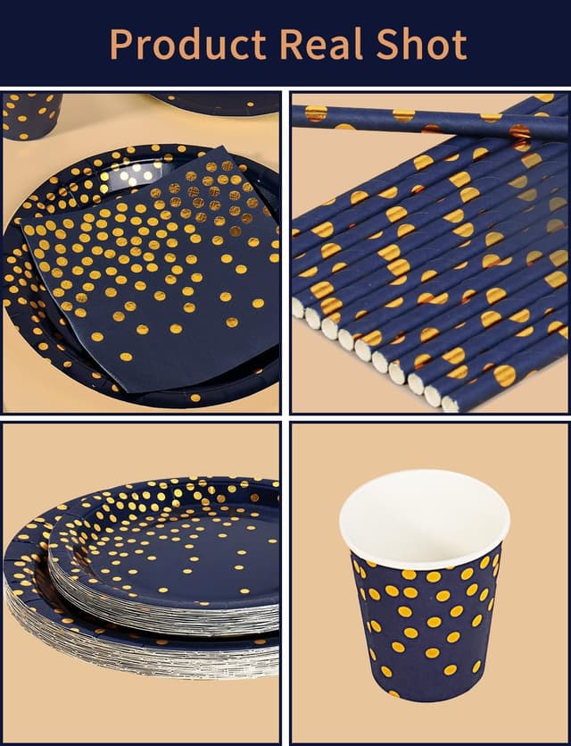 Detalle 2 de Nkaiso Party Tableware 126-piece set in navy blue and gold paper (for up to 25 guests)