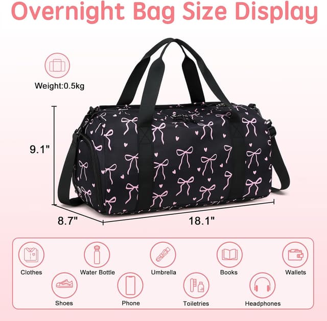 Detalle 2 de LOIDOU Sporttasche Reisetasche mit großem Schuhfach & Nassfach – Schwarz/Rosa (Herz + Bogen)