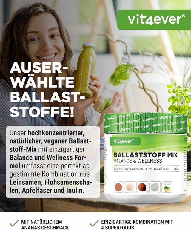 Detalle de vit4ever Ballaststoffe Kombi (400 g) – Ballaststoffpulver mit Flohsamenschalen, Inulin & natürlichem Ananasaroma