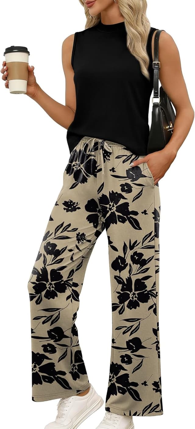 Detalle 2 de WIHOLL Two-Piece Women’s Mock Neck Top and Wide-Leg Pants Set for Summer, Travel, and Airport Days