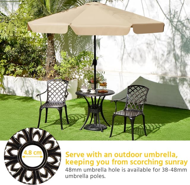 Thumbnail 6 de Yaheetech Table de jardin ronde design vintage en aluminium bronze, avec trou pour parasol et patins réglables (Ø 78 cm)