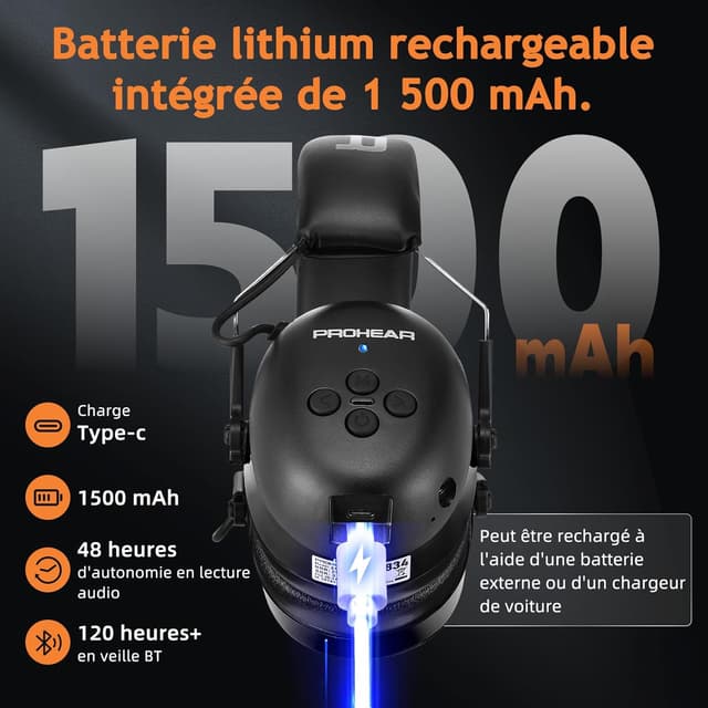 Detalle 2 de Casque anti-bruit PROHEAR 037 Bluetooth 5.4 rechargeable (SNR 30 dB) avec sac de transport – Noir