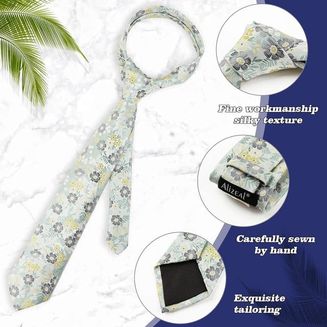 Detalle de Alizeal Men’s 8cm Floral Tie with Pocket Square Set (self-tied) in polyester