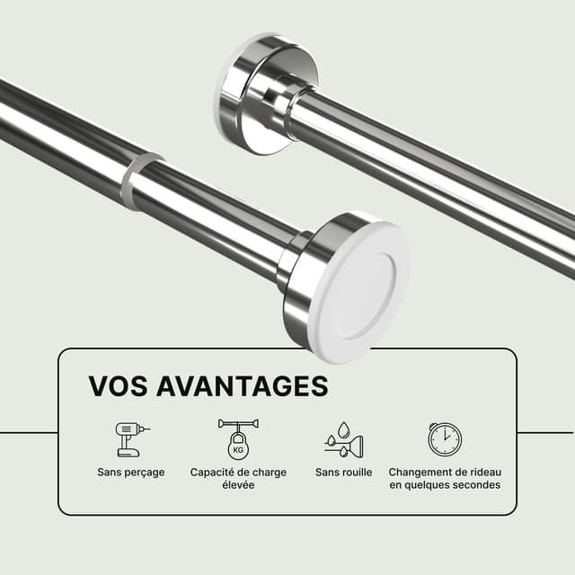 Thumbnail 6 de MEISENBERG lot de 2 tringles à rideaux extensibles sans perçage 50 à 80 cm, acier inoxydable, Ø25 mm