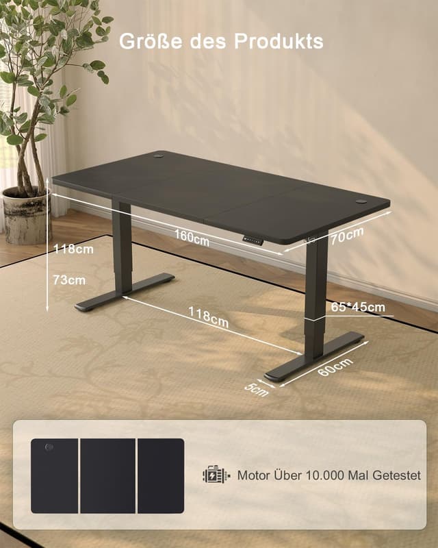 Detalle de JUMMICO elektrisch höhenverstellbarer Schreibtisch mit USB-Ladeanschluss, 160 x 70 cm (schwarz)