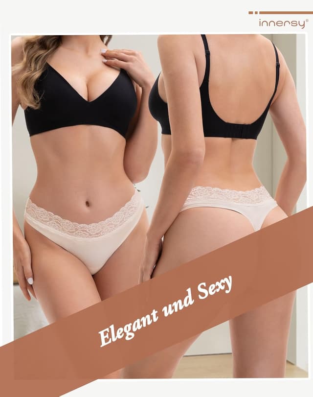 Detalle 2 de INNERSY String Tanga Damen mit Spitze im 6er Pack – Stretch-Baumwolle & mittlere/niedrige Taille