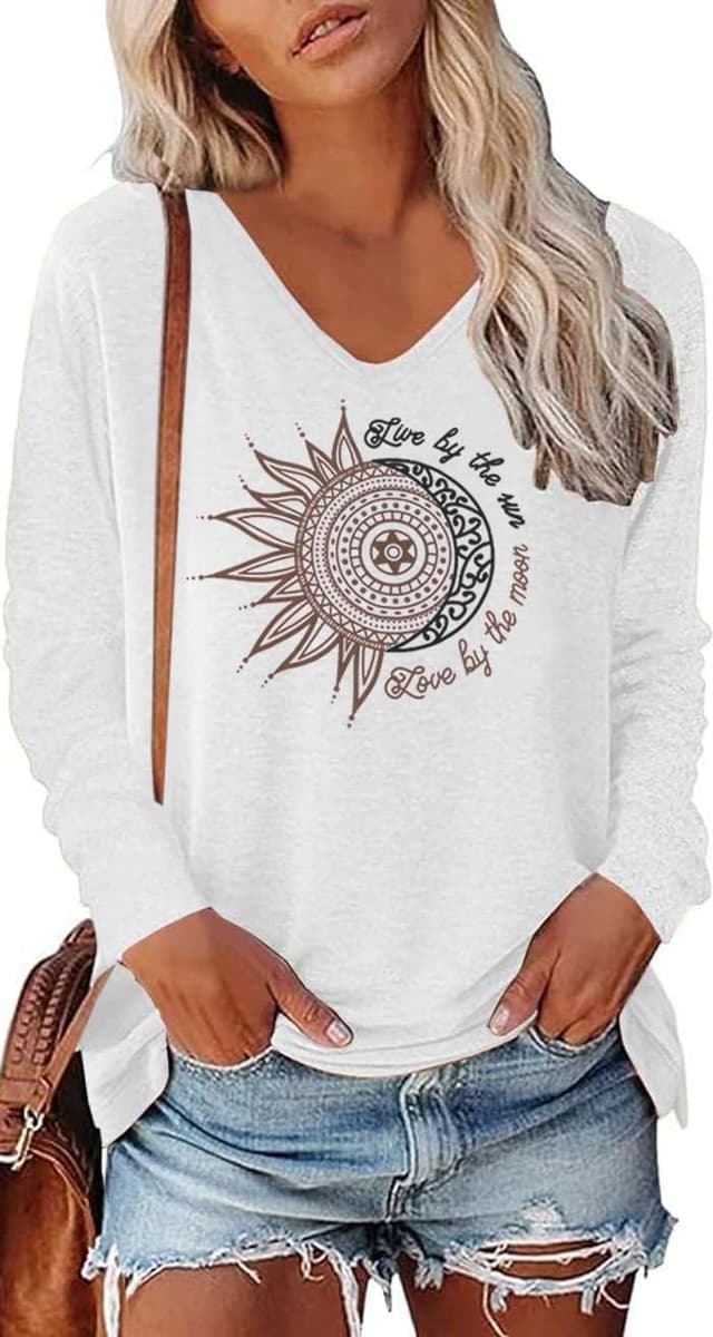 Detalle 2 de Teesho Tshirt Damen Langarm V‑Ausschnitt Baumwollmix