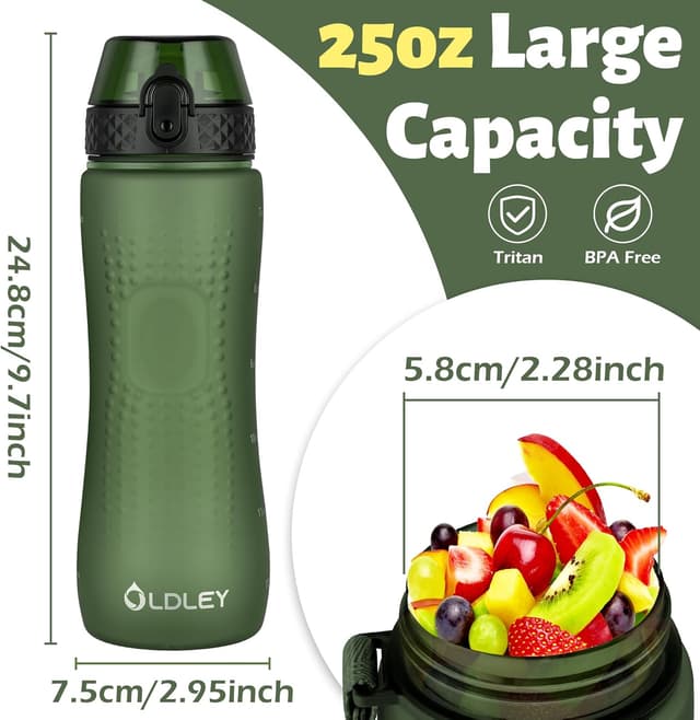 Detalle de OLDLEY 750ml/25oz water bottles with straw – BPA-free Tritan, leakproof flip-top and time markings (Army Green)