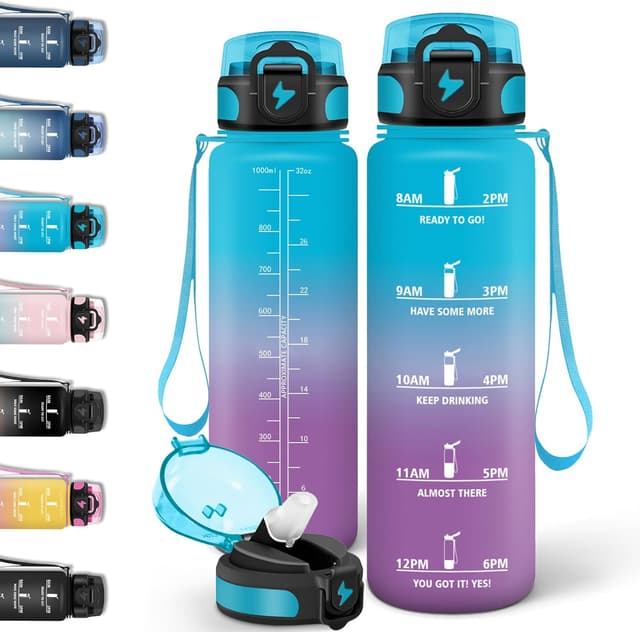 Detalle de Motswedi Gourde 1 l à paille étanche avec repères et marqueur de temps (bleu&violet)