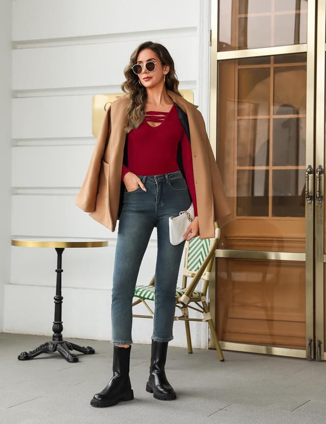 Thumbnail 6 de Demegimi Damen Langarmshirt mit tiefem V-Ausschnitt und Rippstruktur