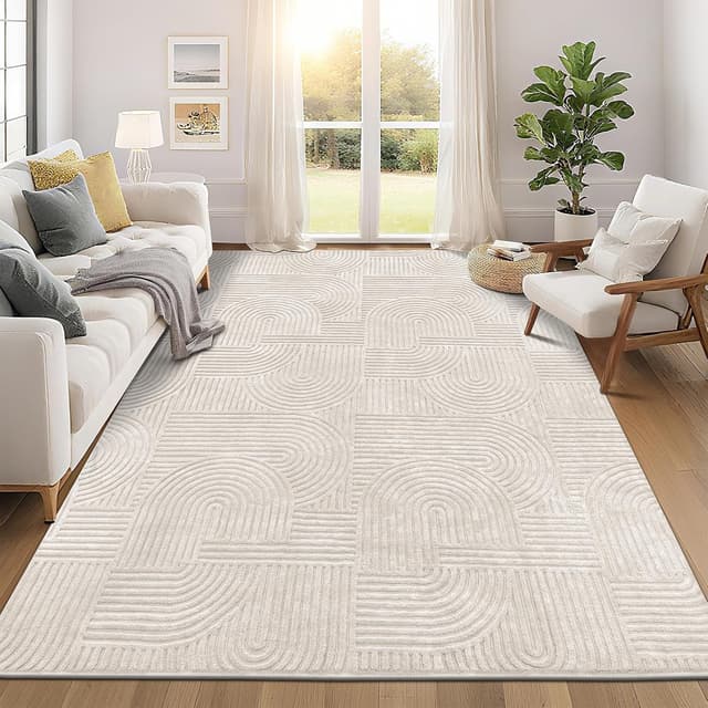 Detalle de Pauwer 8x10 Washable Area Rug, Non-Slip Low-Pile Boho Beige (Machine Washable, Living Room/Bedroom)