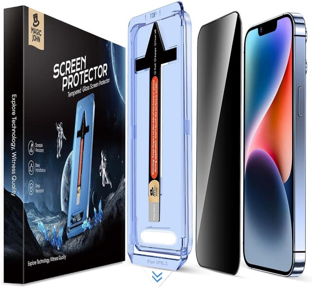 Detalle de Magic John 2-Pack Privacy Glass Screen Protector for iPhone 13/13 Pro/14/16e (6.1-inch) with Auto Dust Removal