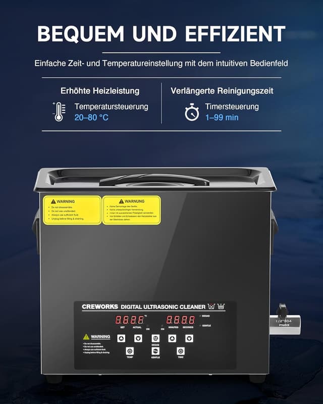 Detalle de CREWORKS 6L Ultraschallreinigungsgerät mit Heizung, Entgasungsfunktion und Digital-Timer