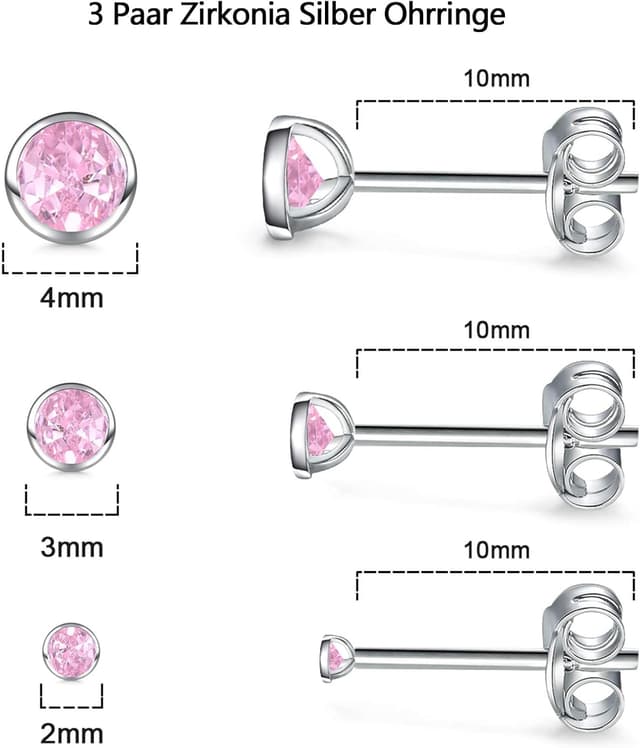 Thumbnail 6 de Damen Ohrstecker Silber 925 Set (3 Paar) mit Zirkonia – Klein, hypoallergen, Schmetterlingsverschluss