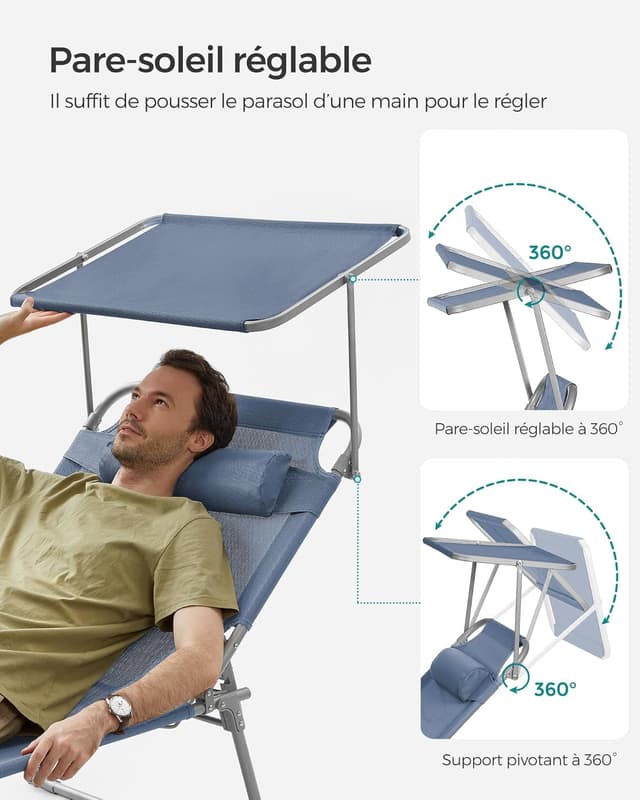 Detalle 2 de SONGMICS Bain de Soleil Grand pliable bleu GCB022Q01 — transat inclinable avec pare-soleil