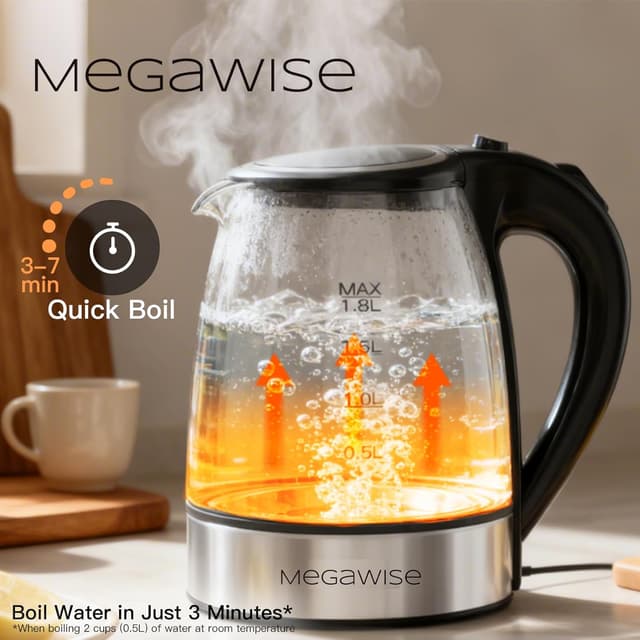 Detalle de MEGAWISE 1.8L Healthy Electric Kettle (1800W) Borosilicate Glass, BPA-Free, Auto Shut-Off & Boil-Dry Protection