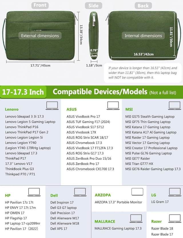 Detalle 2 de HYZUO Laptophülle 17–17,3 Zoll (45 x 34 x 3 cm) mit 3 Fronttaschen, Grasgrün