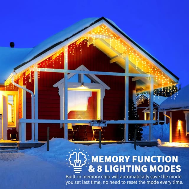 Detalle de Dalugo Icicle Outdoor Christmas Lights (15m + 10m, 480 warm white LEDs) with memory timer