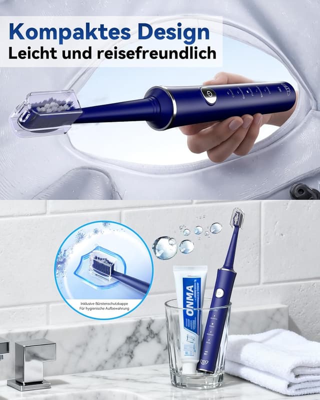 Thumbnail 6 de JTF Elektrische Schallzahnbürste für Erwachsene – 5 Modi, 45 Tage Akkulaufzeit, IPX7 & 8 Bürstenköpfe (Blau)