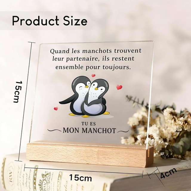 Detalle de Mvyc Cadeau Couple Original : plaque acrylique « Tu es mon manchot » avec socle en bois