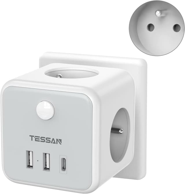Detalle de TESSAN 6 en 1 chargeur mural USB avec multiprise française et 3 ports USB C/A, interrupteur et boîtier cube