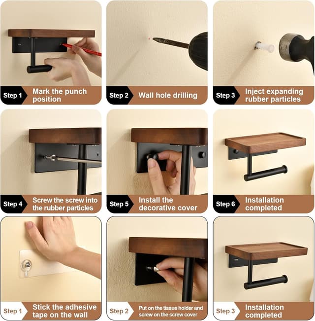 Detalle 2 de QICAIFACAI Wall Mounted Toilet Roll Holder with Natural Solid Walnut Shelf – Self-Adhesive or Drilled Installation