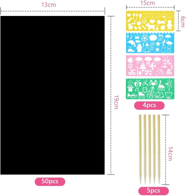 Detalle de Vicloon Kratzbilder Kinder Set (50 Blätter Regenbogen) mit 5 Holzstiften & 4 Schablonen
