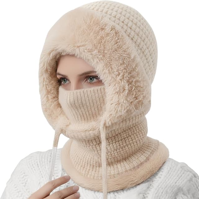 Detalle 2 de DRESHOW Women’s winter knit balaclava beanie with drawstring hood scarf – 3-in-1 cold-weather hat