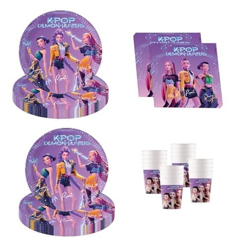 Detalle de Set de decoración y vajilla para cumpleaños Procos KPop Demon Hunters (52 piezas)