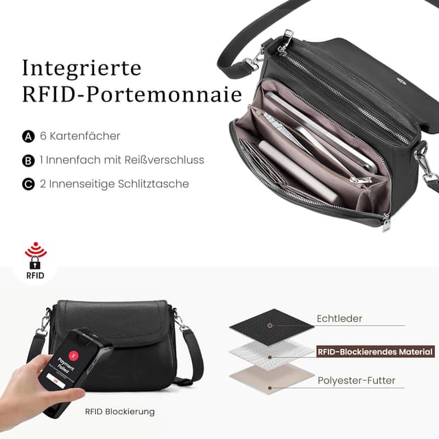 Detalle 2 de befen Echtleder Umhängetasche Damen Mittelgroß mit RFID-Blockierung und integrierter Brieftasche