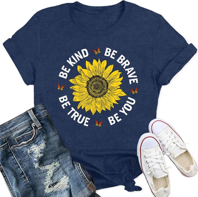 Detalle de Qskall women’s sunflower print “Be Kind” T-shirt – soft everyday inspirational tee