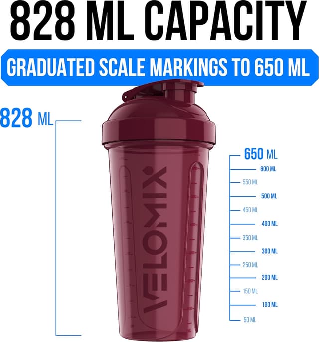 Detalle 2 de VELOMIX 6-Pack 828ml Protein Shaker Bottles with Wire Mixball (BPA-Free, Leak Proof)