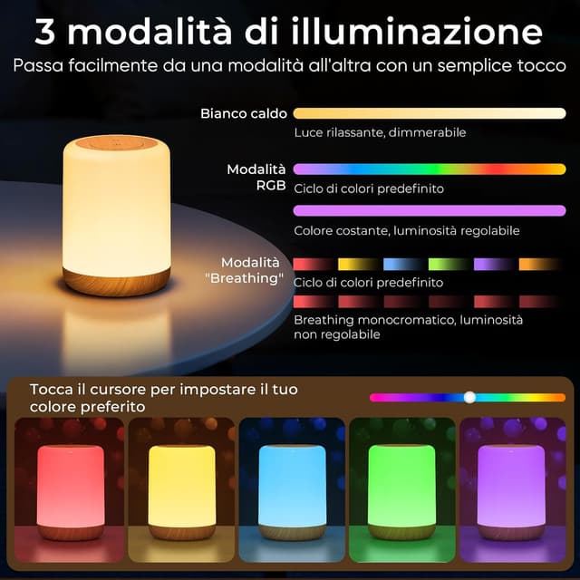 Detalle 2 de VIWAVE Lampada da comodino LED touch ricaricabile senza fili con 256 colori RGB e timer