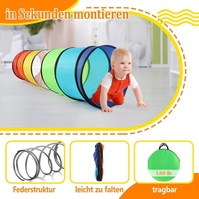 Detalle de Wilwolfer Kinder-Spieltunnel mit Mesh-Seiten (180 cm) – klappbares Outdoor-Spielzelt im Regenbogen-Design