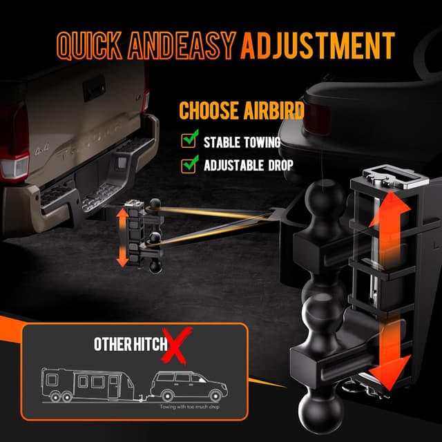 Detalle de Airbird Adjustable Trailer Hitch for 2-Inch Receivers (6-Inch Drop, 25,000 lbs GTW) with 2 and 2-5/16-Inch Balls, Black