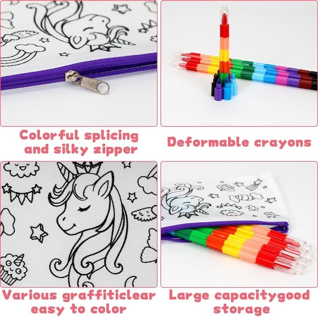 Detalle 2 de Aurasky Einhorn Federmäppchen zum Bemalen mit Stoffbeutel, 10 DIY-Malsets & 4 stapelbare Wachsmalstifte (12 Farben)