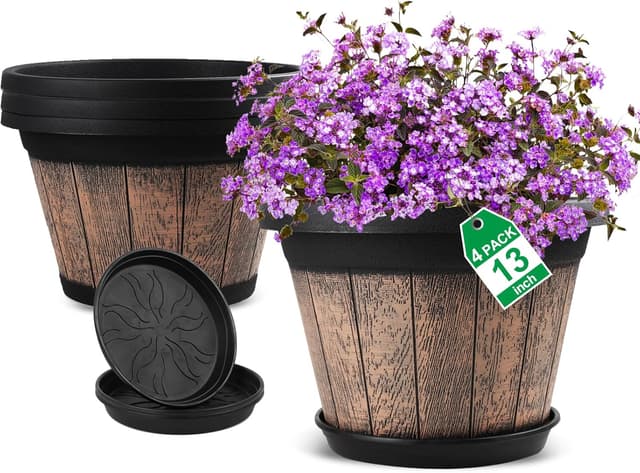 Thumbnail 6 de Quarut 3-Pack 10-Inch Whiskey Barrel Plant Pots (Brown) with Drainage Holes & Saucers