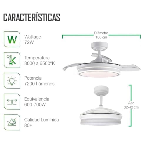 Thumbnail 1 de Ventilador de techo con luz LED 36W Blanco en 3 Temperaturas de Luz con Mando a Distancia -Motor DC Eficiente y Silencioso, 3 tonalidades, aspas desplegables retráctiles, 6 velocidades (F8808)